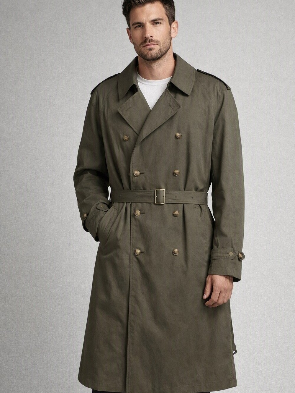 Brooks Brothers Trench Coat Mens XXL Light Olive Belted Double Vintage EUC